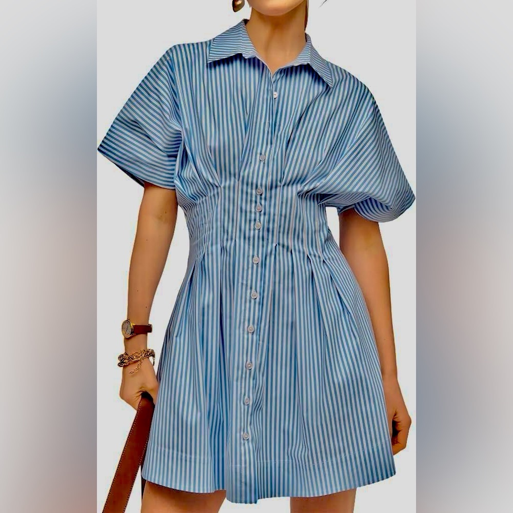 Japna Blue & White Striped Shirt Dress - Size L - 100% Cotton - Elastic Waist